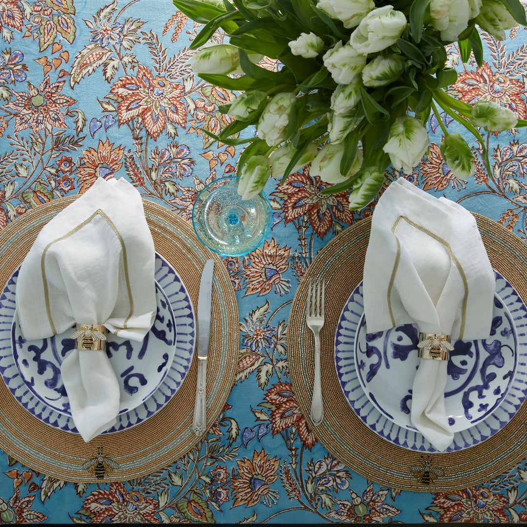 Gold Trim Linen Dinner Napkins, White, Set of Two
