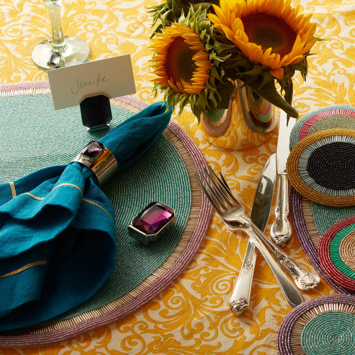 Gold Trim Dinner Napkins, Turquoise, Set of Two