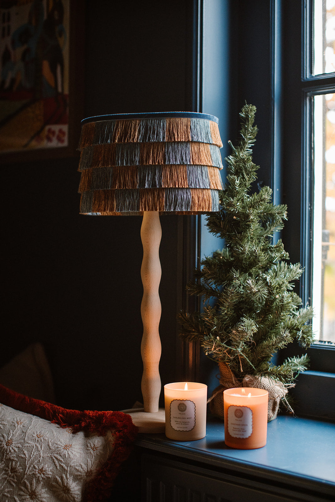 Giselle Fringe Lampshade - Caramel & Dusty Blue