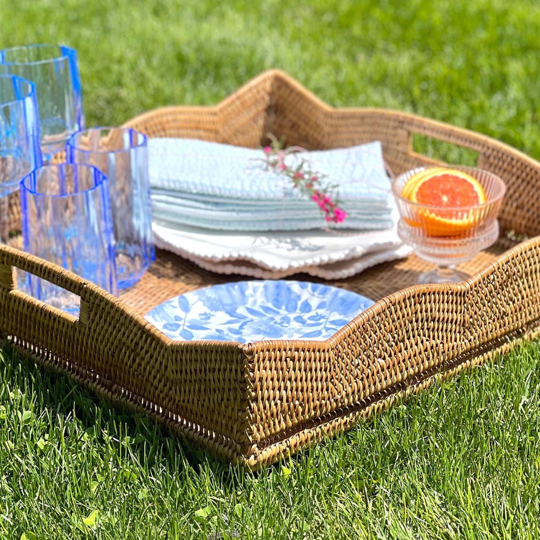 Scalloped Rattan Square Tray - Honey Brown