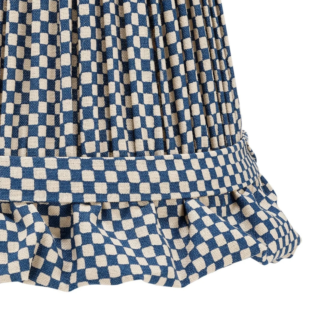 Frilled Pleated Linen Lampshade - Blue Checked