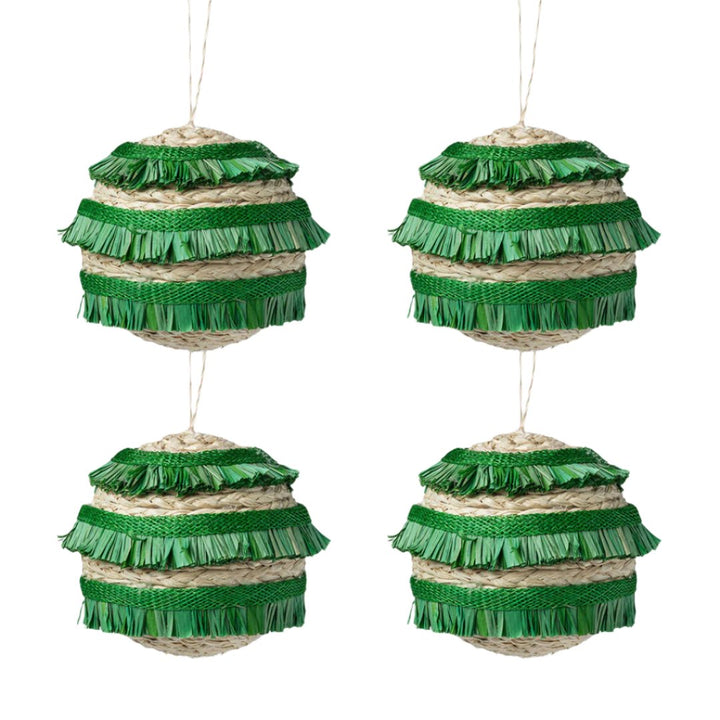 Green Ruffle Straw Christmas Baubles - Set of 4