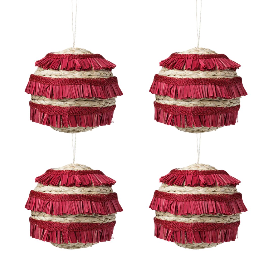 Red Ruffle Straw Christmas Baubles - Set of 4