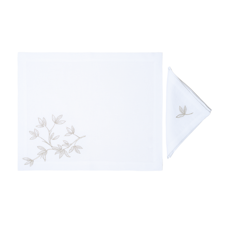 Silver Flowers Embroidered Linen Placemat & Napkin Set
