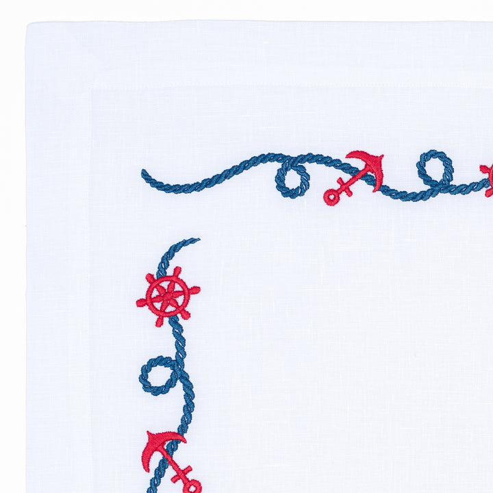Blue & White Anchor Embroidered Linen Placemat & Napkin Set