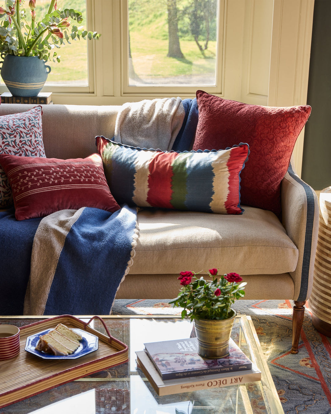 Remolino Embroidered Velvet Cushion - Red