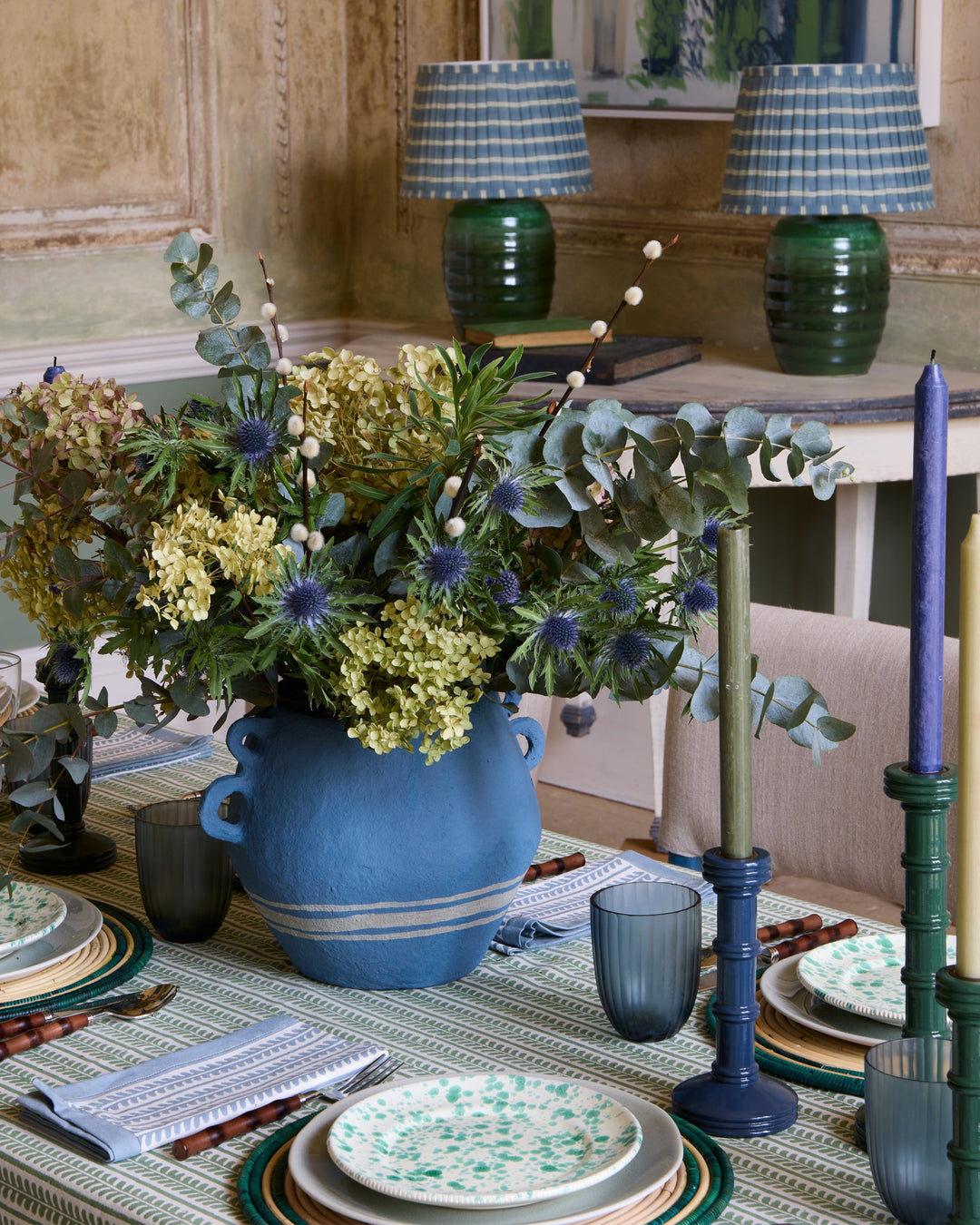 Gloss Painted Wooden Column Candlestick - Blue