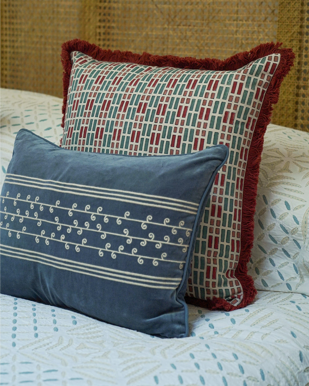 San Juan Embroidered Velvet Cushion - Blue