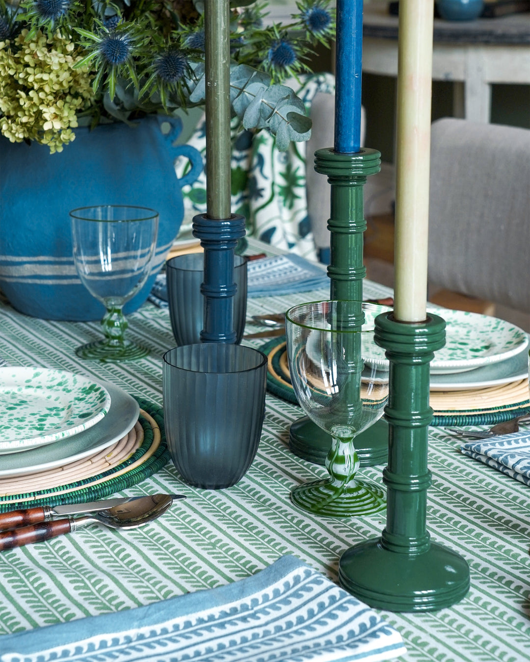 Gloss Painted Wooden Column Candlestick - Green