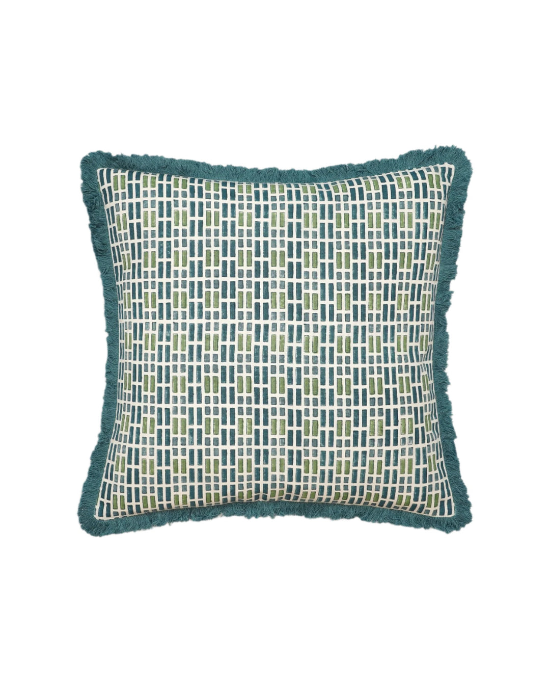 Ladrillo Tile Print Fringed Cushion - Blue & Green