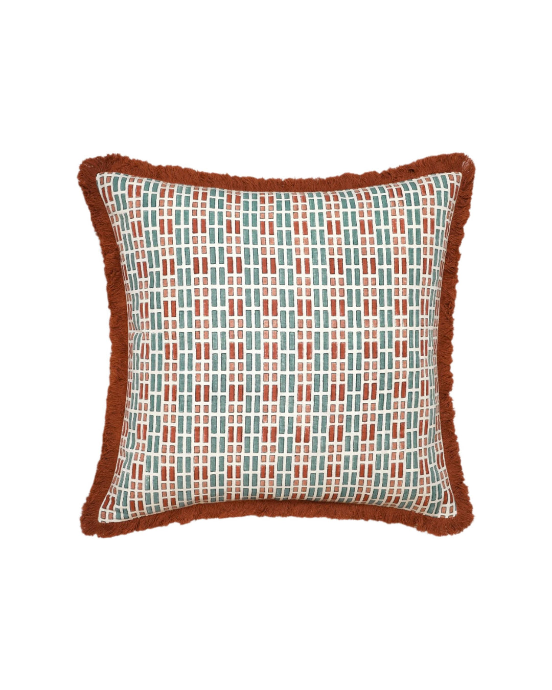 Ladrillo Tile Print Fringed Cushion - Red & Blue