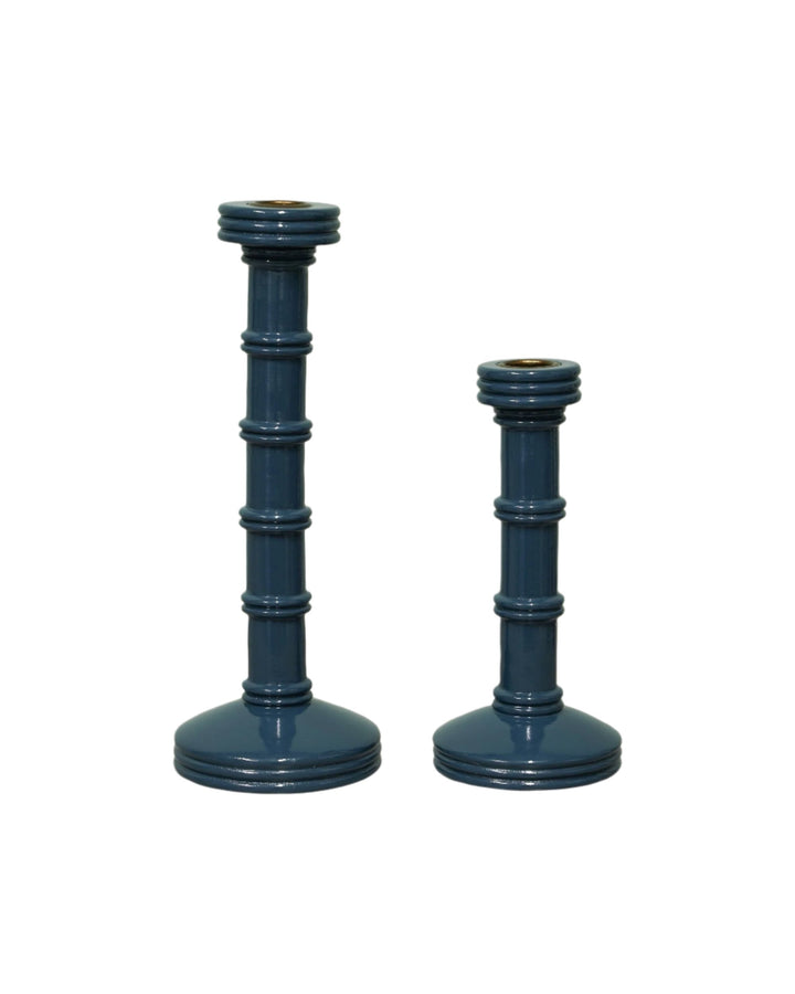 Gloss Painted Wooden Column Candlestick - Blue