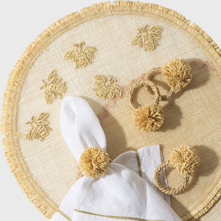 Natural Straw Pom-Pom Napkin Rings - Set of 4