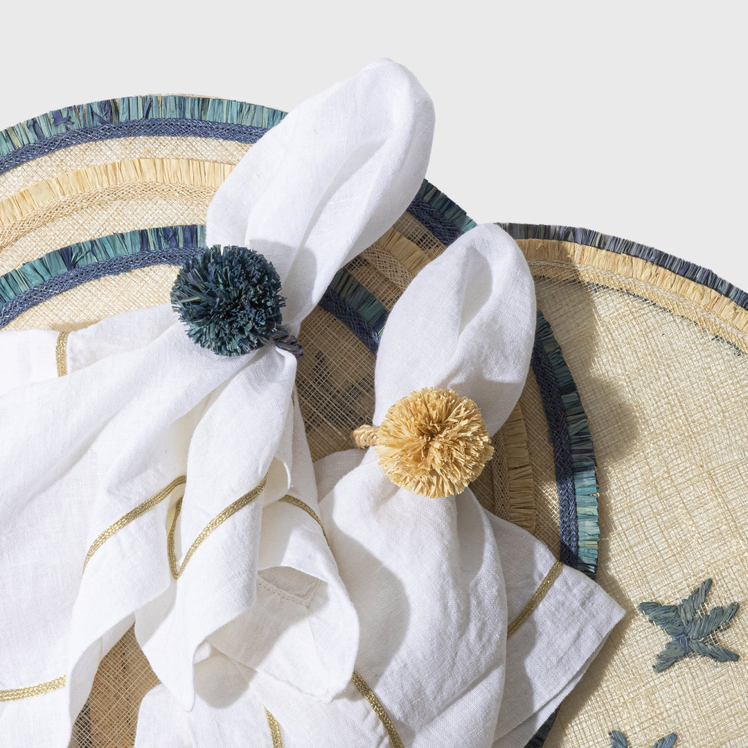 Indigo Straw Pom-Pom Napkin Rings - Set of 4