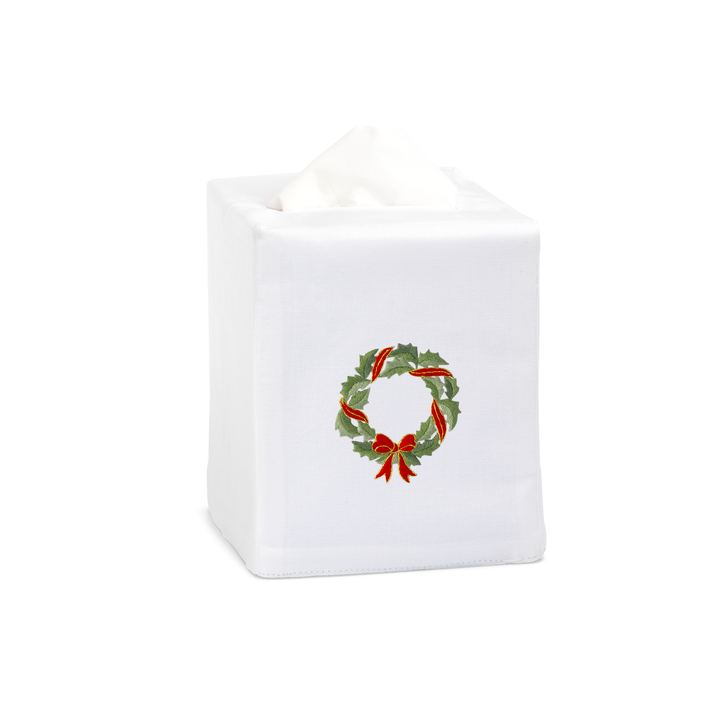 Holly Ribbon Wreath Embroidered Tissue Box Cover