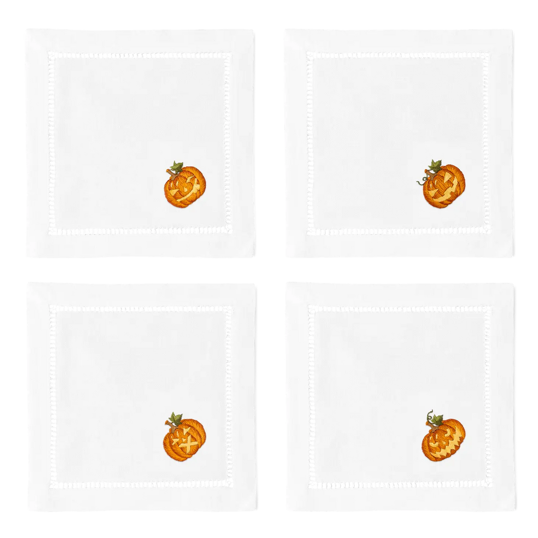 Carved Pumpkins Hand-Embroidered Cocktail Napkins - Mixed Set Of 4