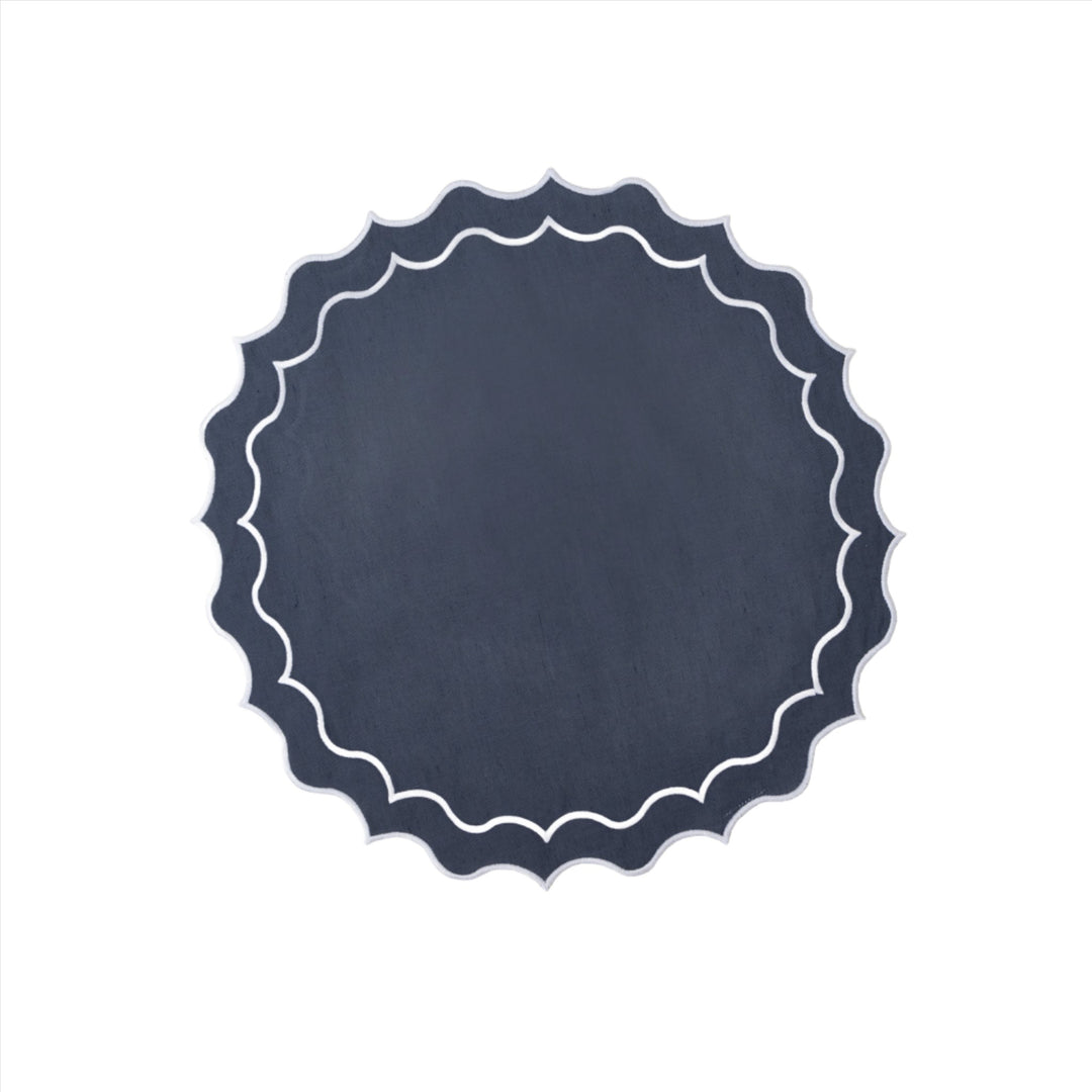 Scalloped Linen Placemat - Navy & White