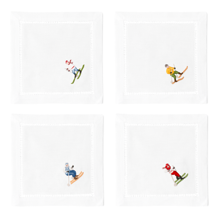 Skiers Embroidered Cocktail Napkins