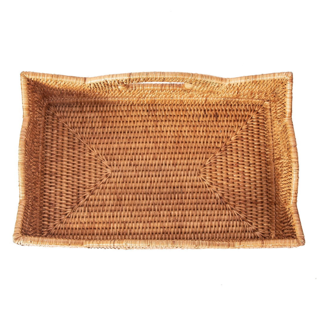 Scalloped Rattan Rectangular Basket - Honey Brown