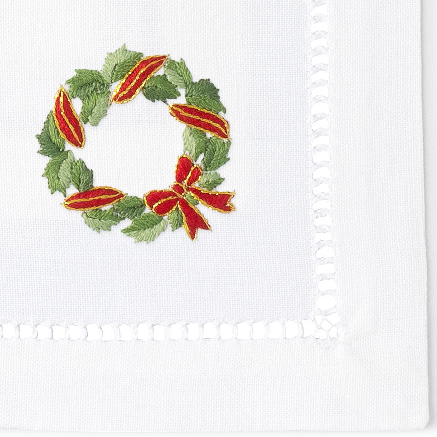 Holly Ribbon Wreath Cocktail Napkins - Set Of 4