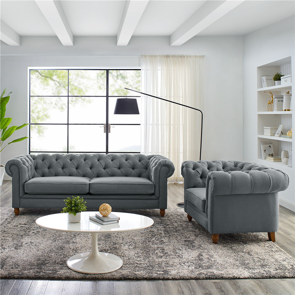 Amelia Grey Linen Chesterfield Two Seater Sofa