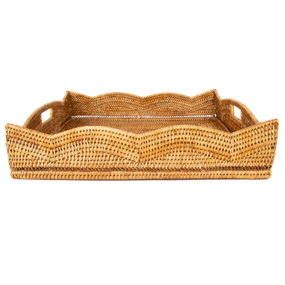 Scalloped Rattan Square Tray - Honey Brown