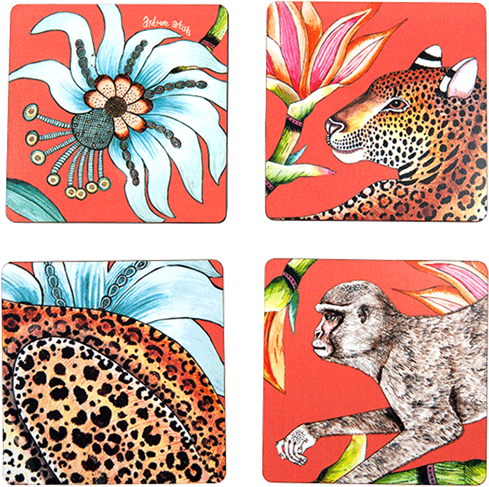 Monkey Paradise Coasters in Coral - Set of 4