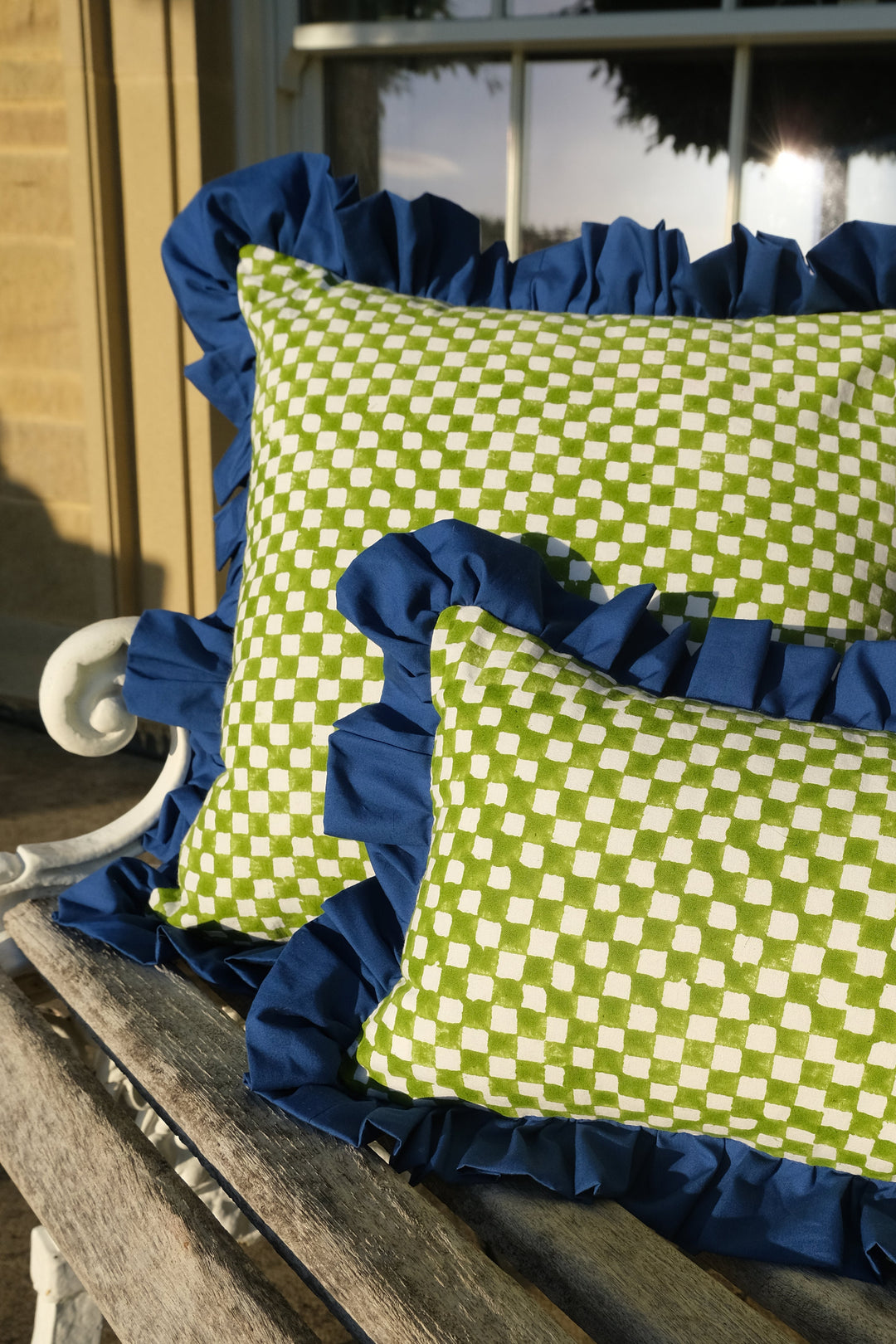 Atelier Raff x Carolina Irving & Daughters Green Check Ruffled Rectangular Cushion