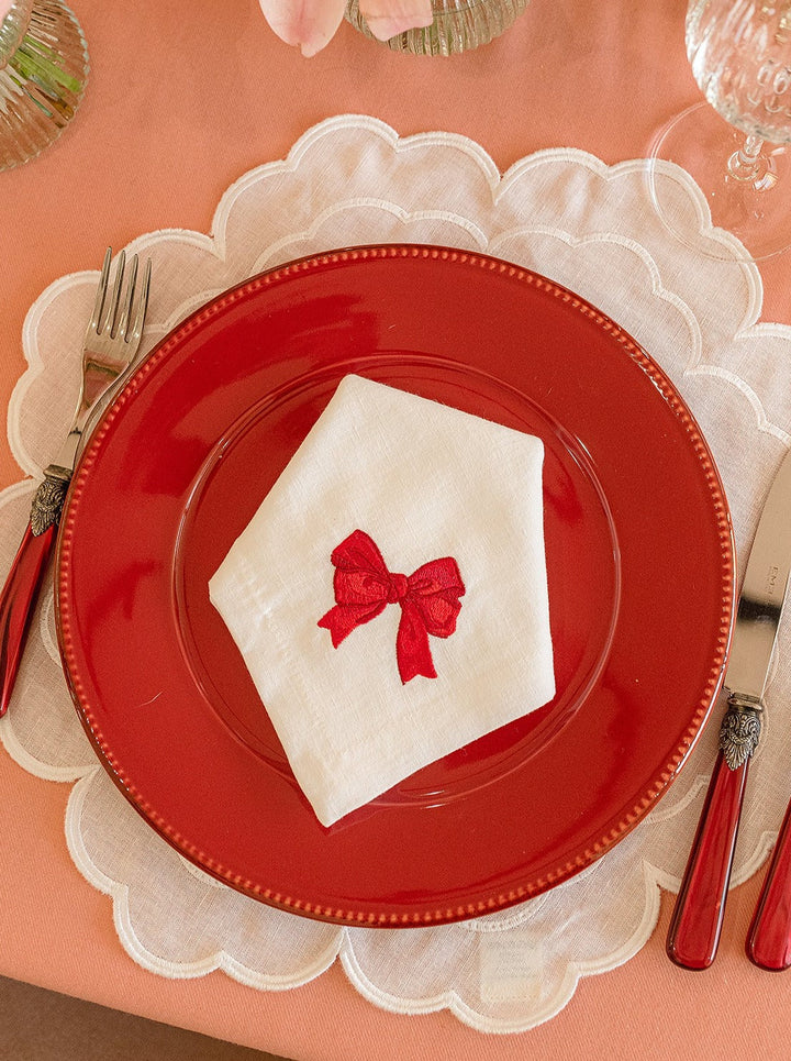 Red Bow Embroidered Linen Napkin