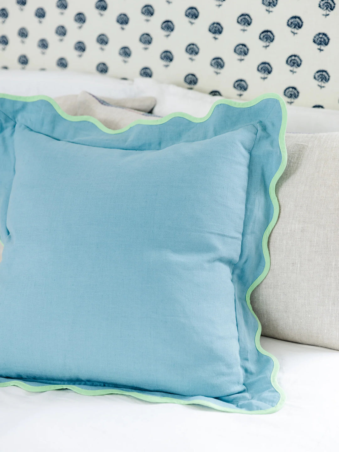Darcy Scalloped Linen Cushion - Aqua & Mint