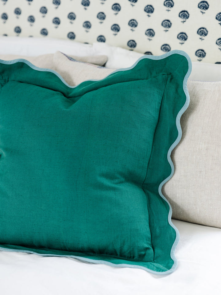 Darcy Scalloped Linen Cushion - Green & Aqua