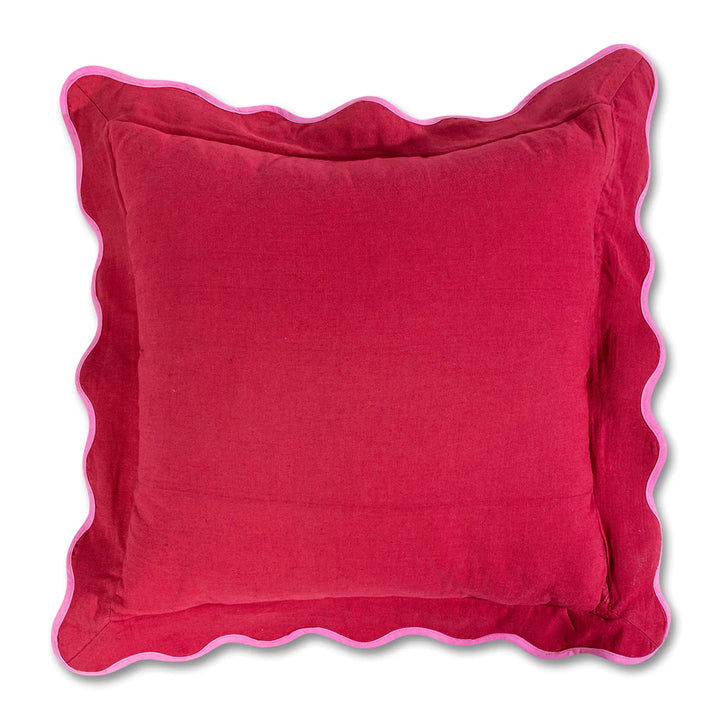 Darcy Scalloped Linen Cushion - Wine & Neon Pink