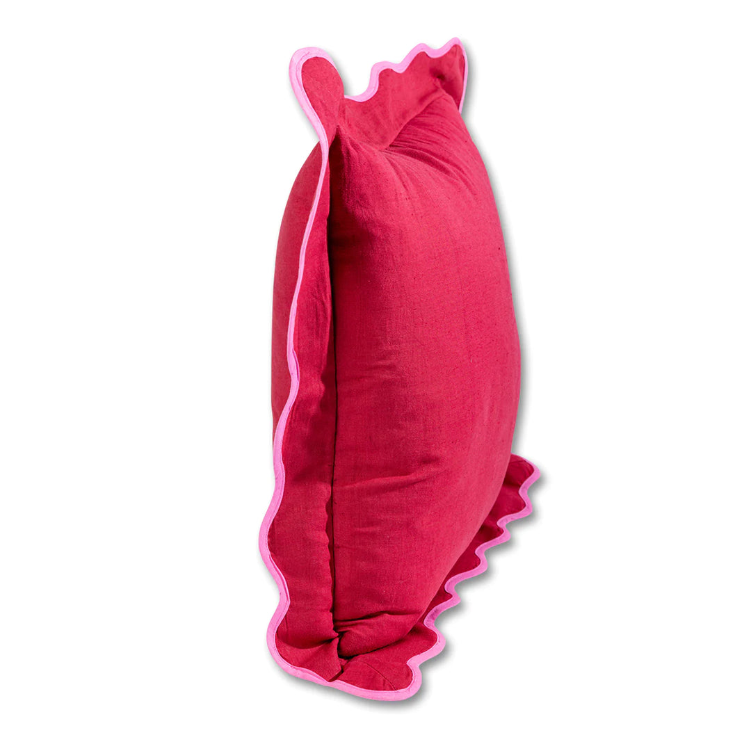 Darcy Scalloped Linen Cushion - Wine & Neon Pink