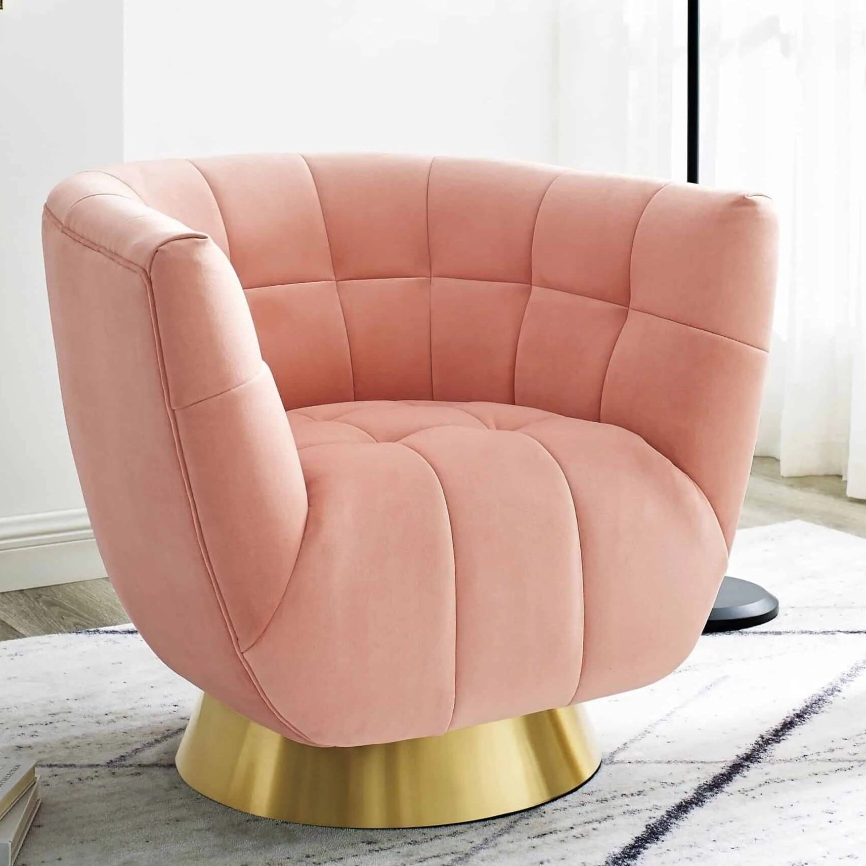 Darcy Blush Pink Velvet Swivel Armchair Decoralist