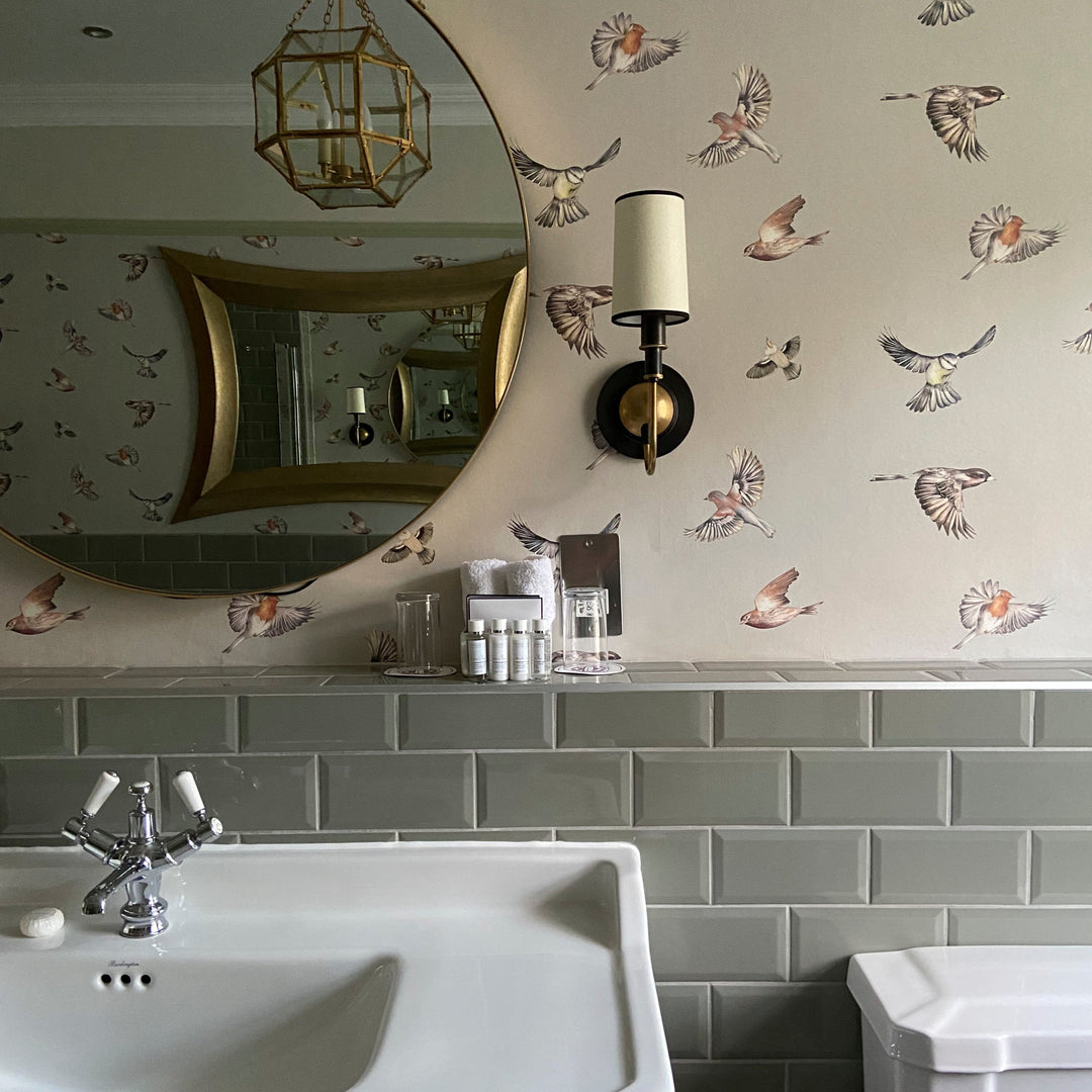 Early Bird Wallpaper in Taupe in Bathroom