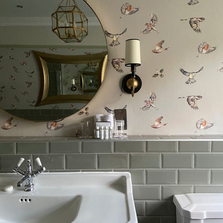 Early Bird Wallpaper in Taupe in Bathroom