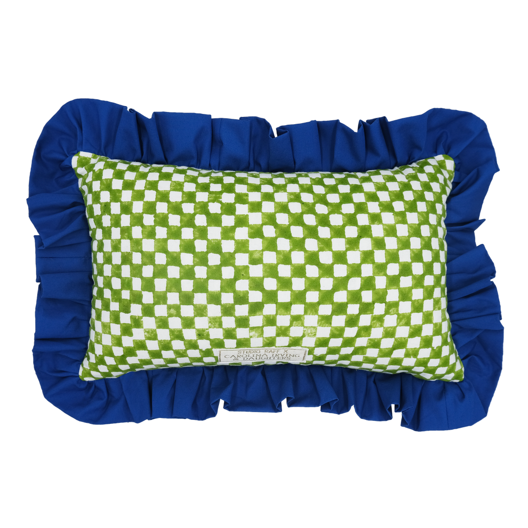 Green Check Ruffled Rectangular Cushion