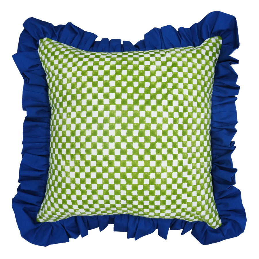 Green Check Ruffled Square Cushion