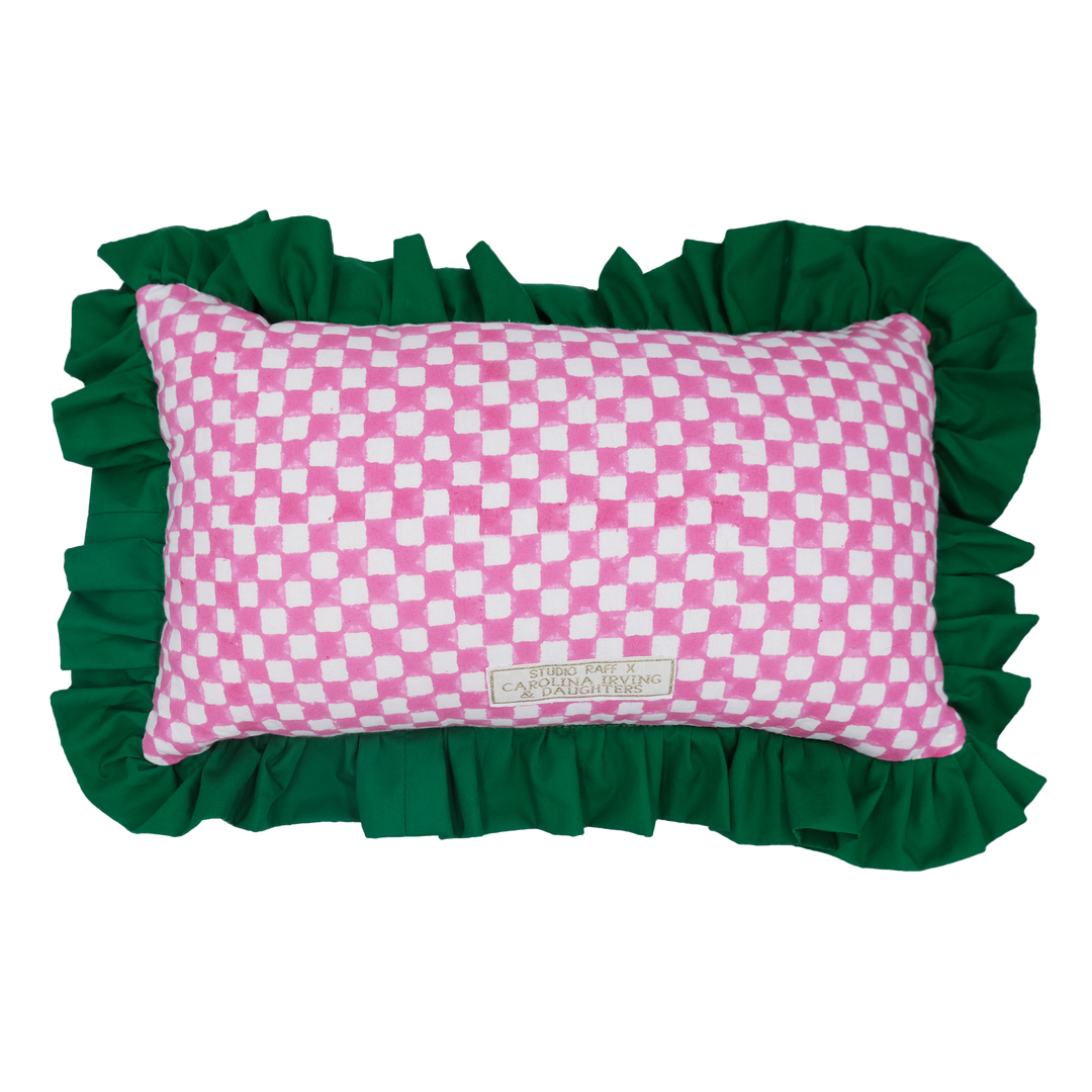 Pink Check Ruffled Rectangular Cushion