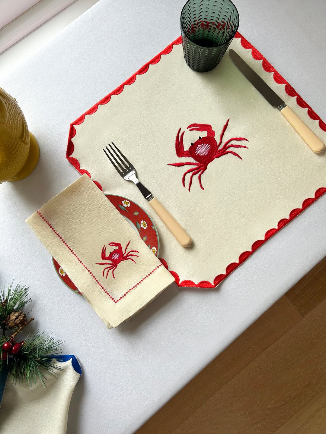 Crab Embroidered Linen Napkins