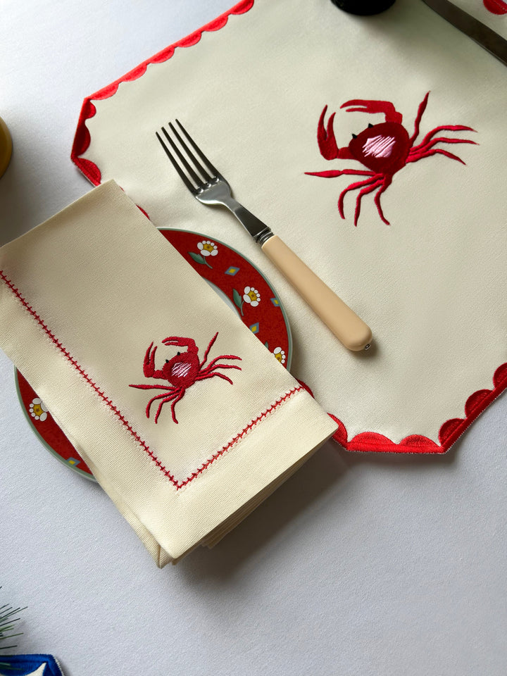 Crab Embroidered Linen Napkins