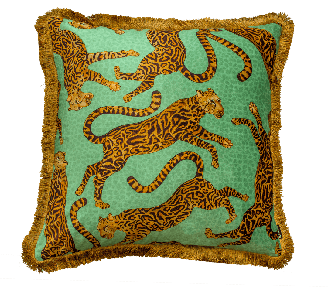 Cheetah Kings Fringe Cushion Cover - Jade