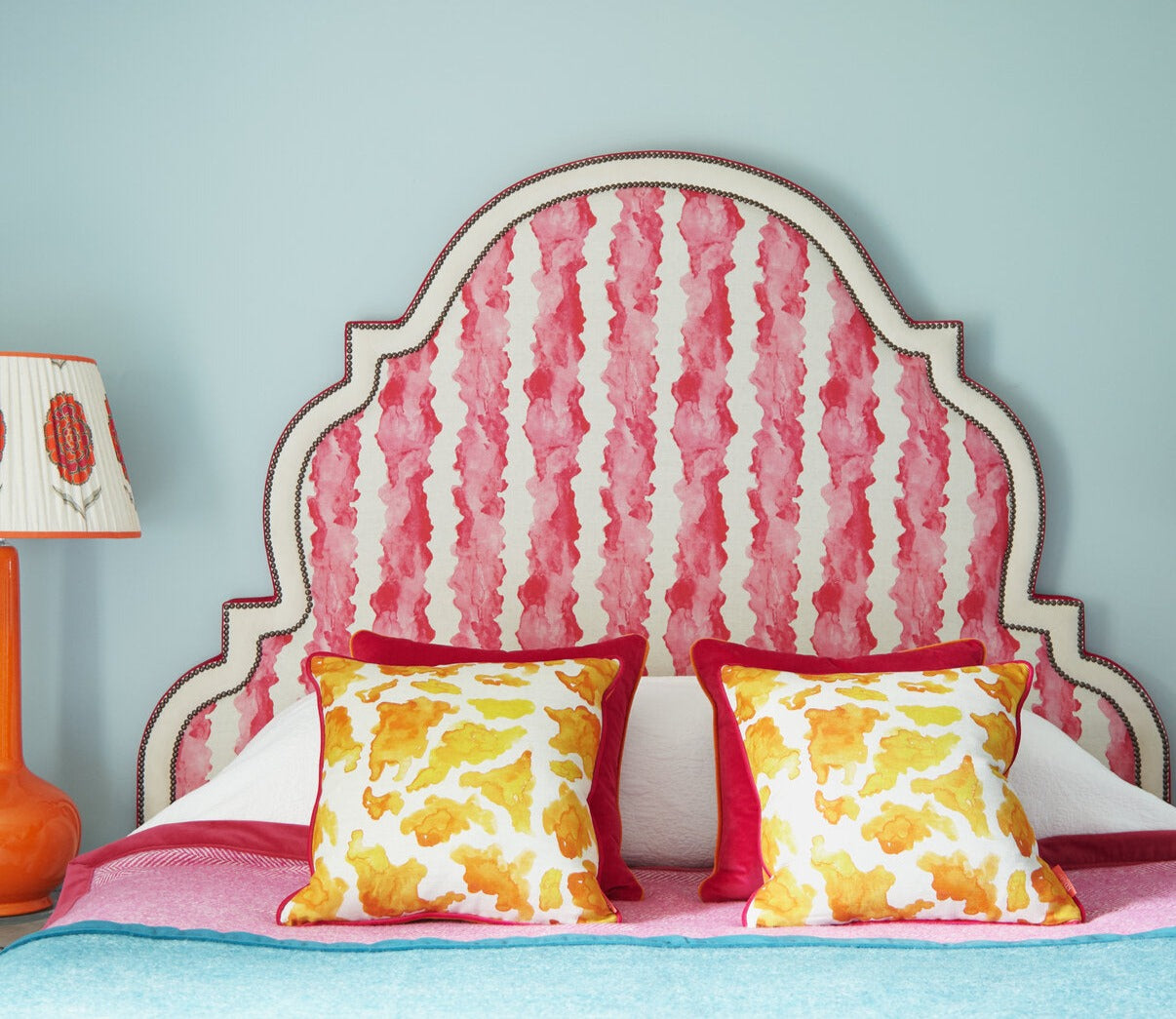 Patterned fabric deals headboard