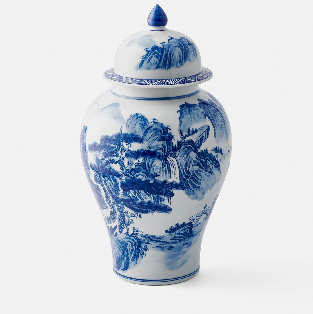 Large Blue & White Traditional Chinese Countryside Ginger Jar