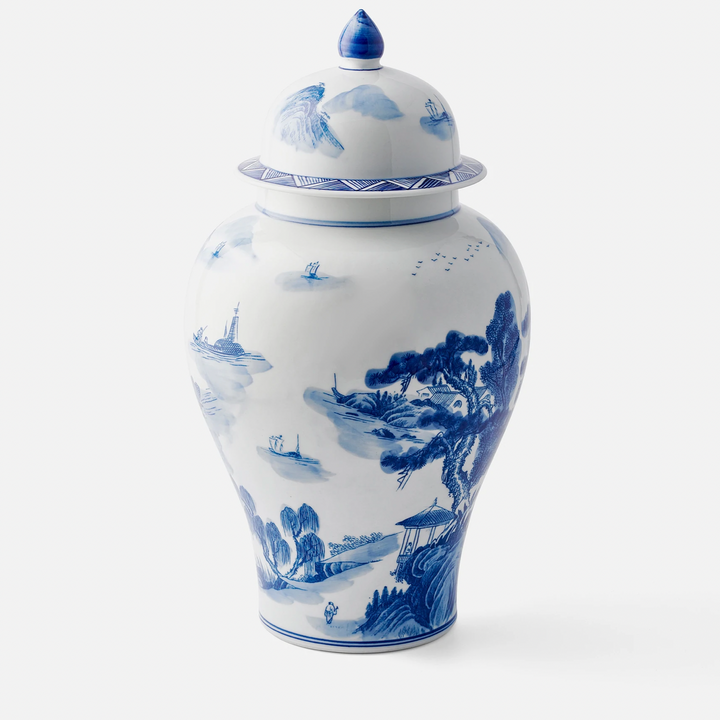 Large Blue & White Traditional Chinese Countryside Ginger Jar