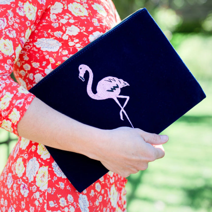 Navy Velvet Flamingo Clutch