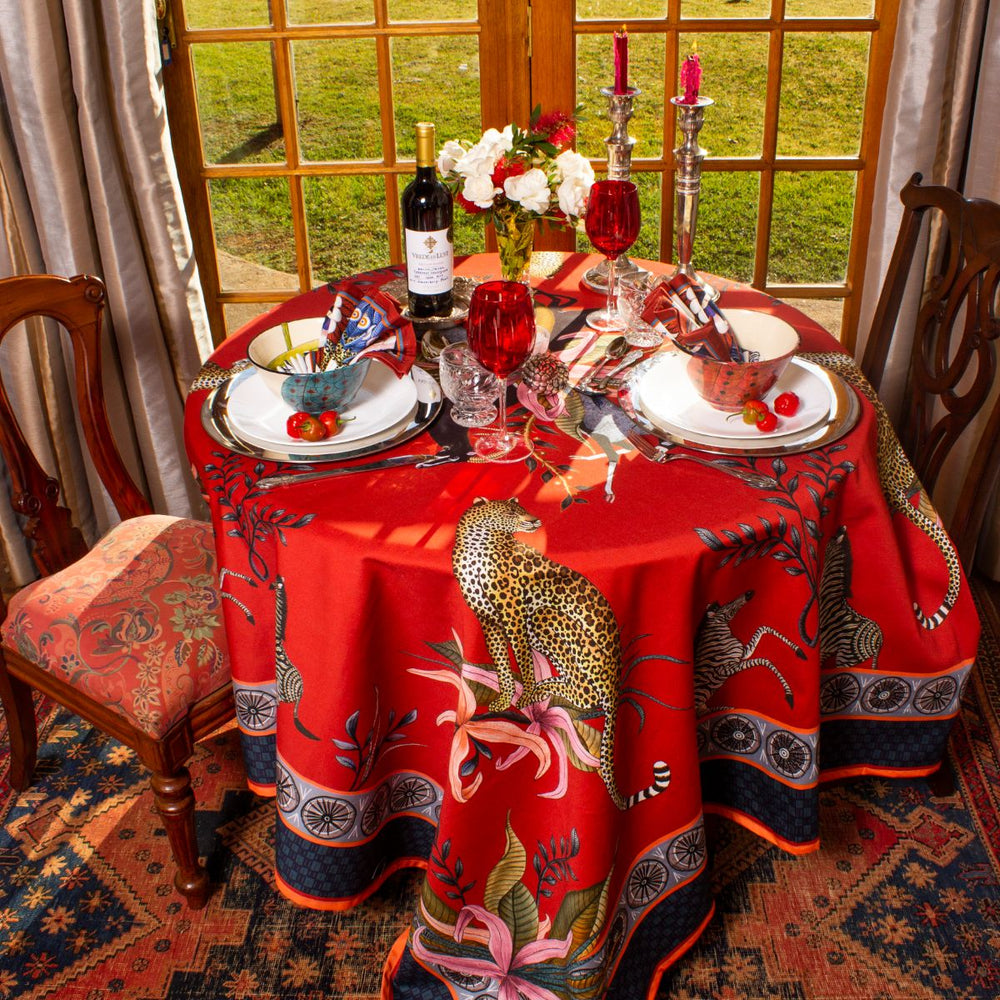 Leopard Lily Square Tablecloth in Royal Red | Ardmore Design