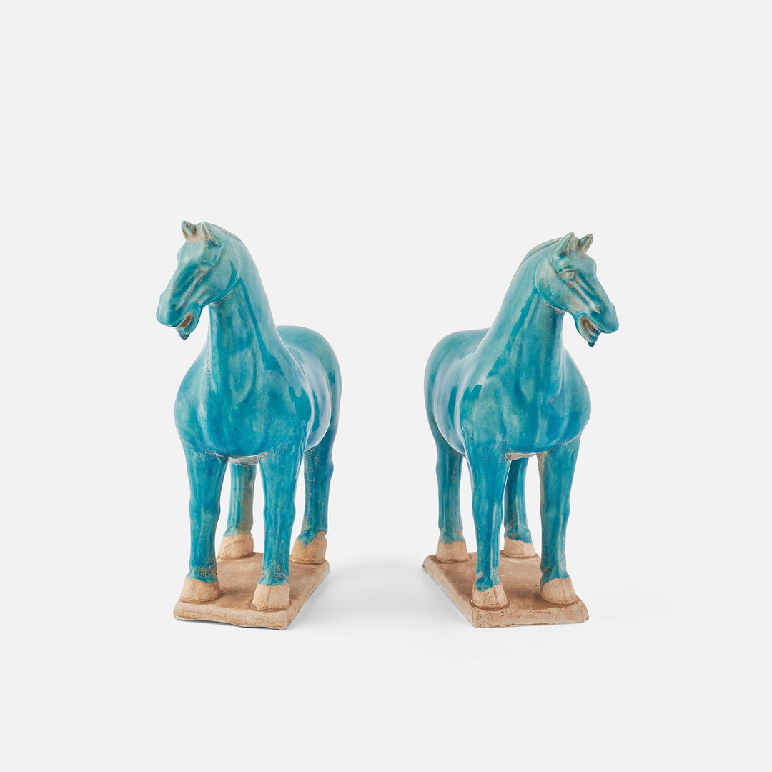 Light Blue Ceramic Horse Sculptures - Pair