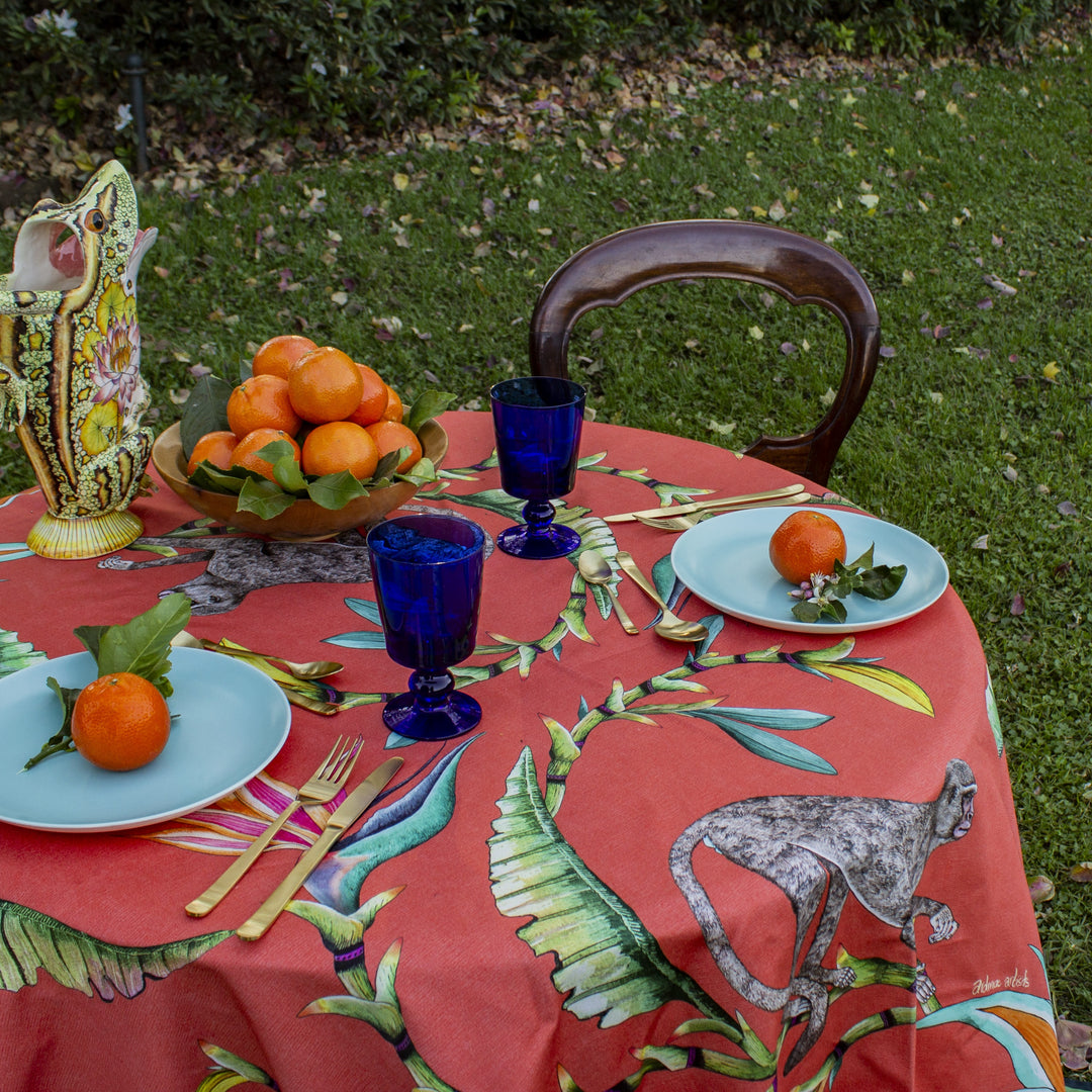 Monkey Paradise Square Tablecloth in Coral - Ardmore Design