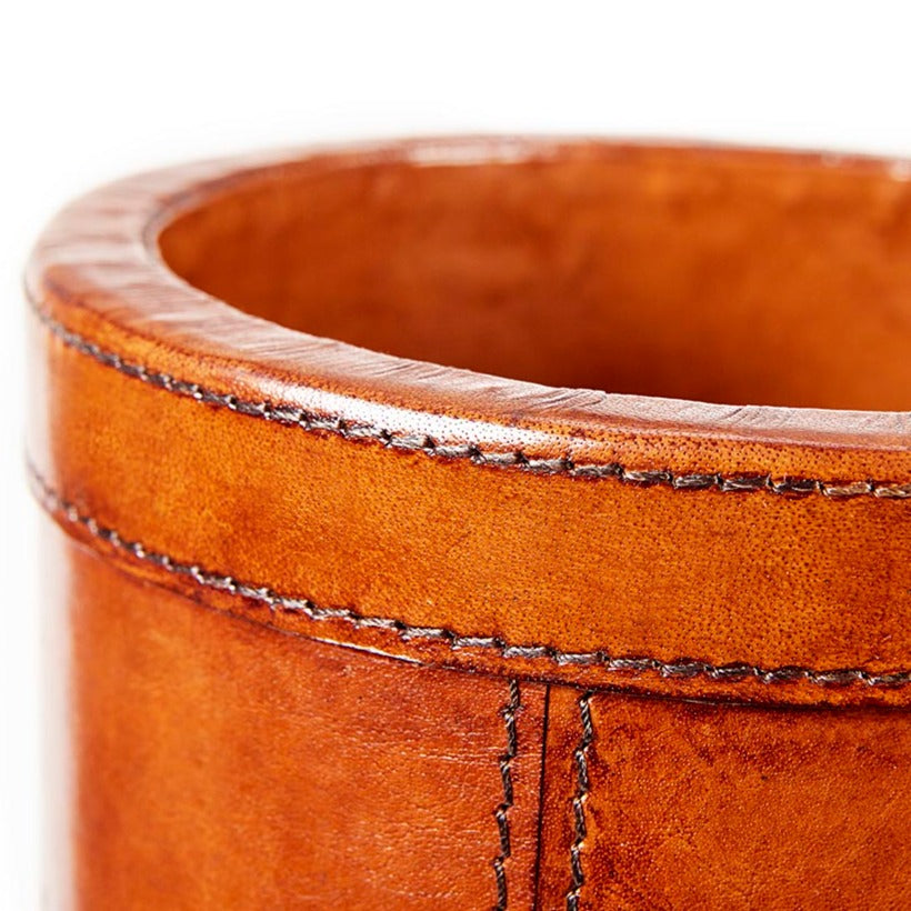 Close up of the leather stitching on the Newbury umbrella stand